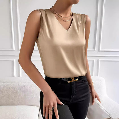 The Élan Satin Top - Elegant Sleeveless V-Neck Blouse